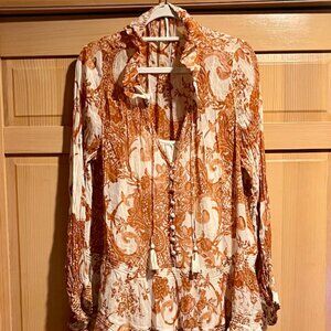 Anthropologie Mauve Chiffon  Paisley Sweetheart Dress w/ Tassels & Liner